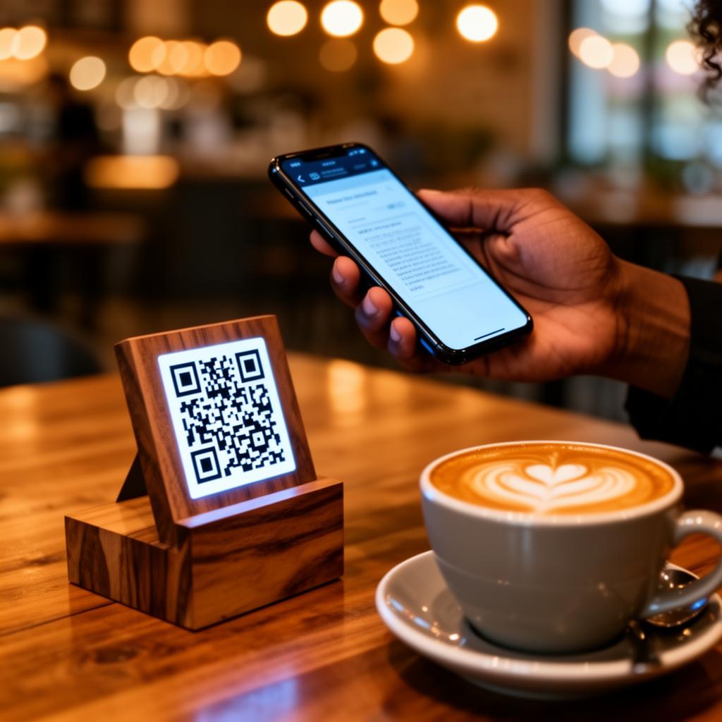 A QR standee on a café table, with a phone scanning it beside a coffee